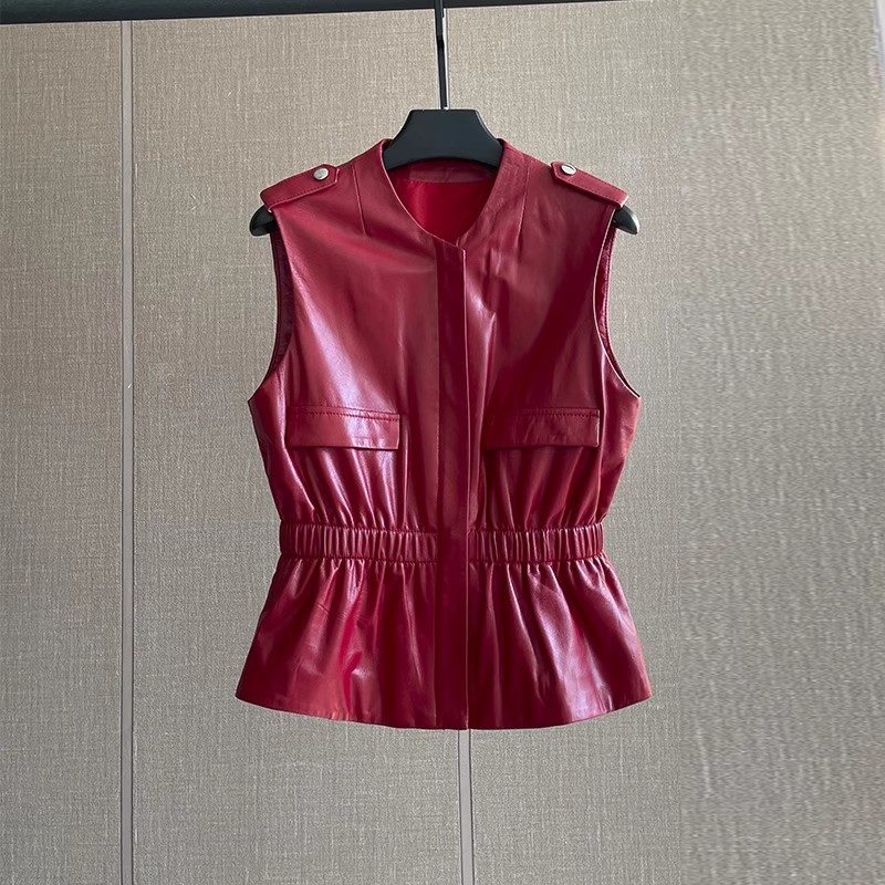 Women'S Fashion Leather Jacket - سترة نسائية من الجلد الطبيعي الأحمر
