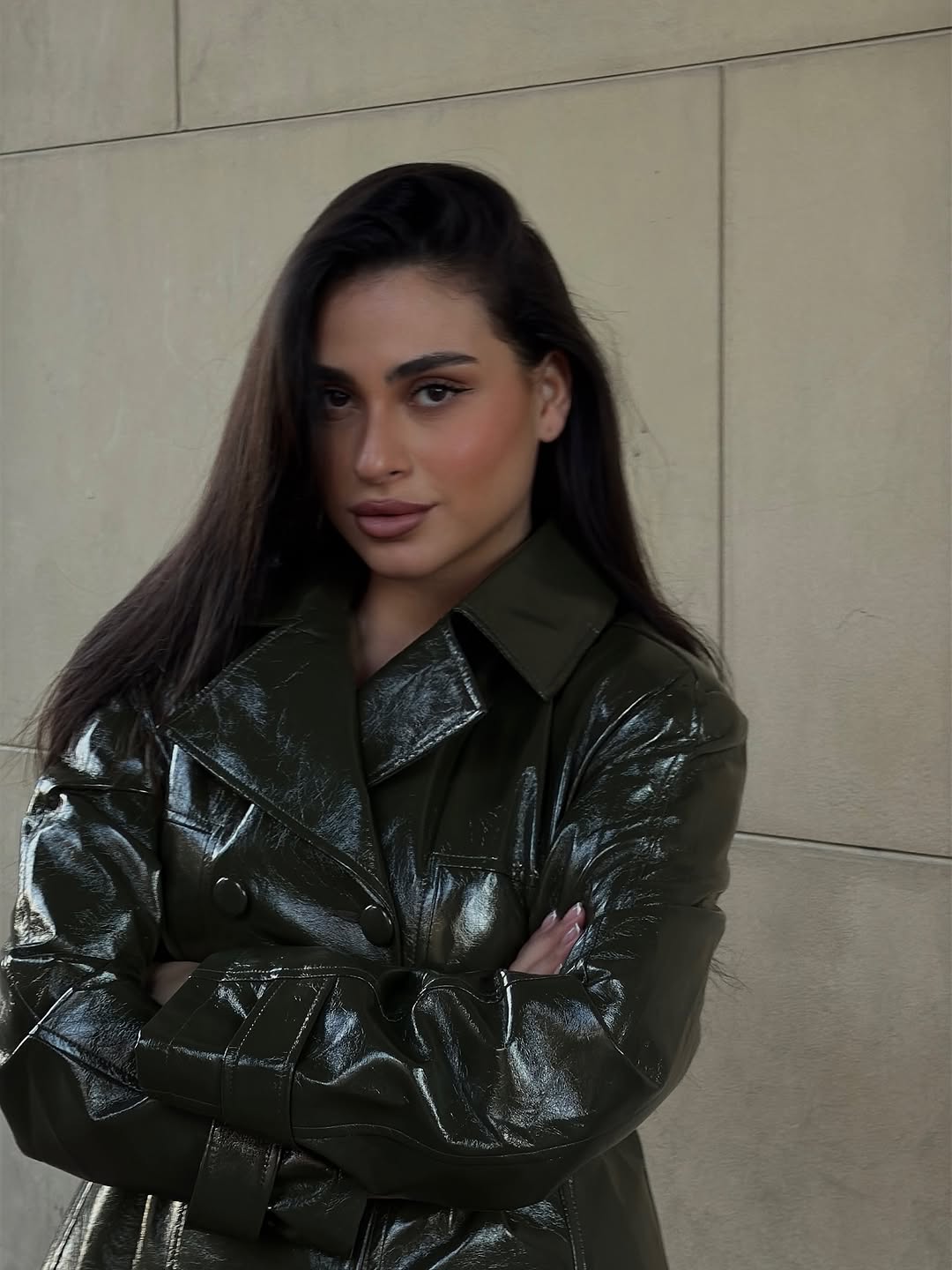 Women'S Fashion Leather Jacket - تنورة جلدية لامعة بلون بني داكن