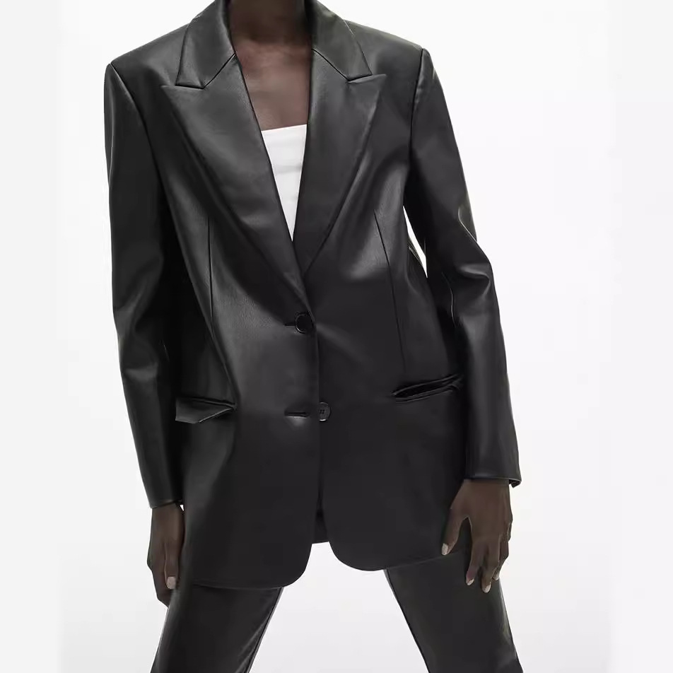 Women'S Fashion Leather Jacket - ملابس نسائية سوداء لخريف وشتاء 2024