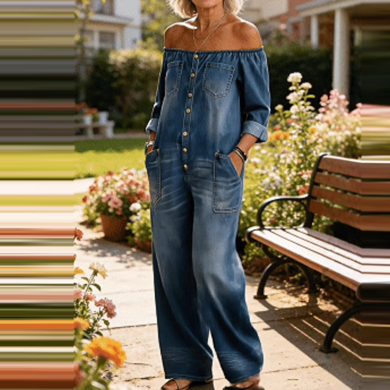 Women'S Fashion Vintage Off Shoulder Long Sleeve Jumpsuit - جمبسوت نسائي أنيق من الدنيم بتصميم