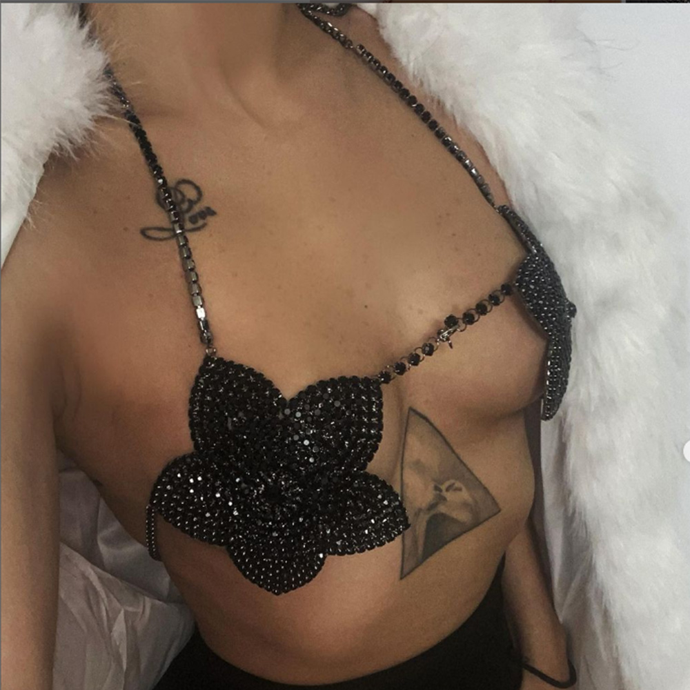 Women'S Fashion Harness - Stonefans-Black حمالة صدر زهرة كريستال للنساء
