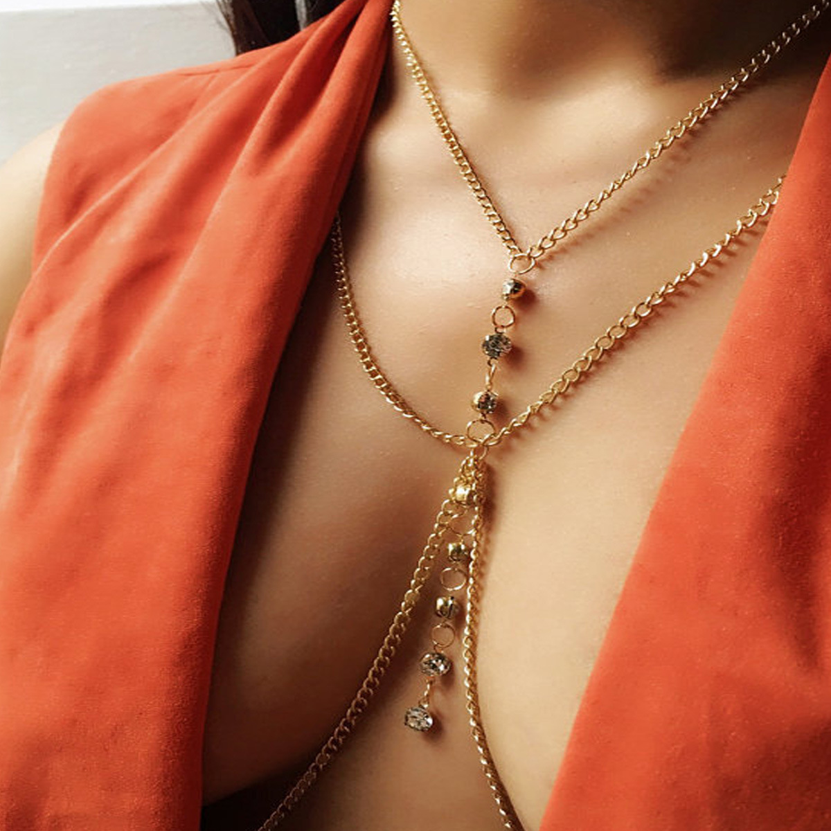 Women'S Fashion Harness - سلسلة صدر كريستالية مستديرة منخفضة الخصر