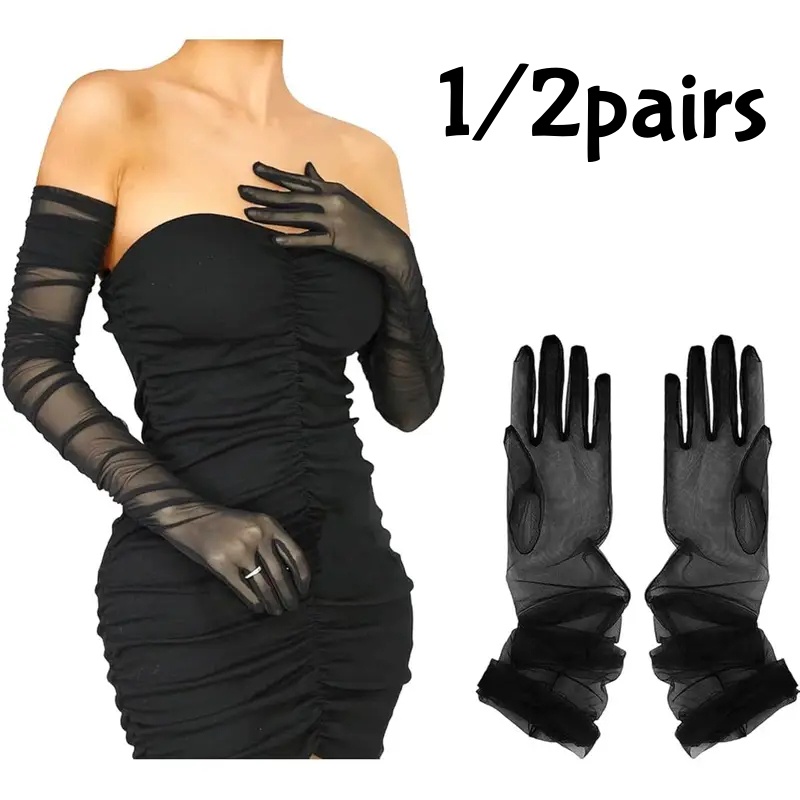 Women'S Fashion Gloves - قفازات شبكية أنيقة من التول طويلة