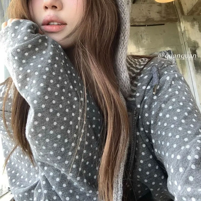 Women'S Fashion Zip Up Hoodies - الكورية البولكا نقطة عادية أغطية رأس