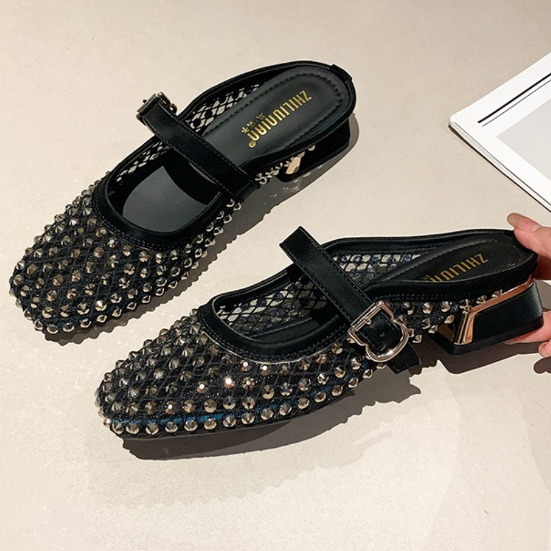 Women'S Fashion Sandals - شبكة حجر الراين صندل بكعب مكتنز