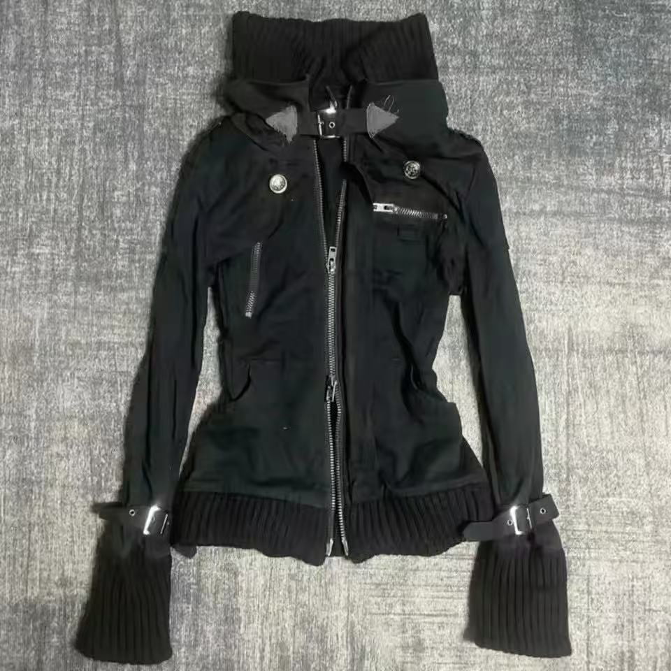 Women'S Fashion Zip Up Hoodies - سترة نسائية سوداء ضيقة بسحاب مزدوج