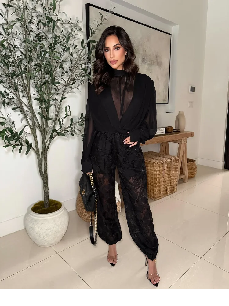 بلوزة شيفون شفافة سوداء أنيقة  - مراجعة Wrap Blouse Chiffon وسعره