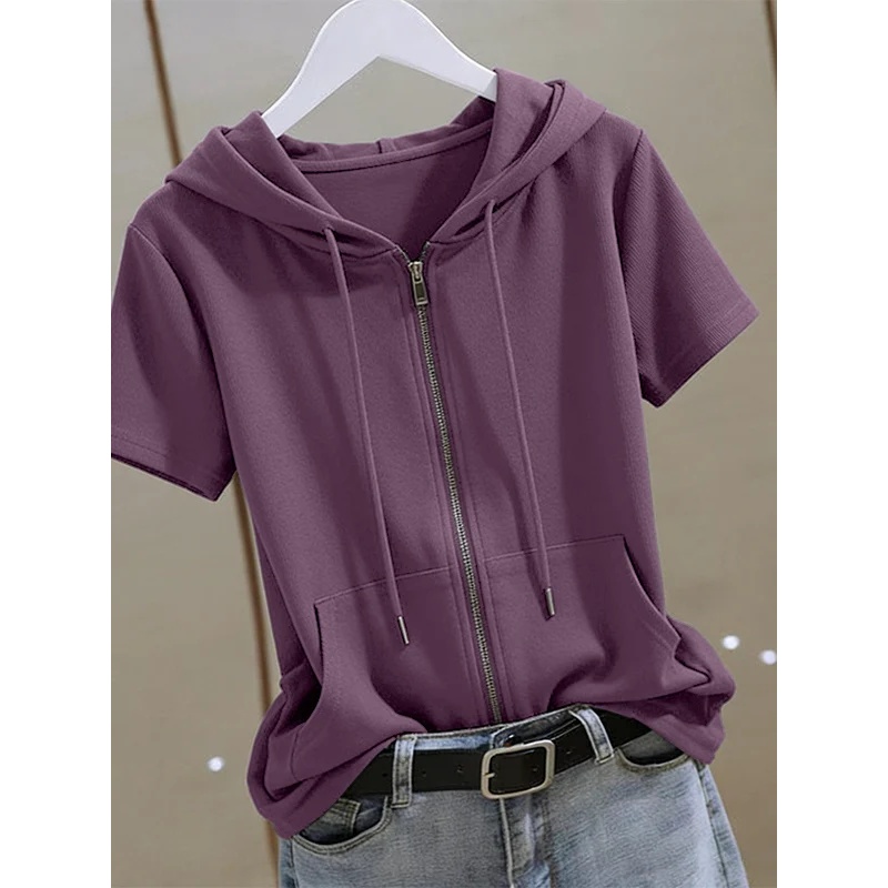 هودي نسائي صيفي بأكمام قصيرة،  - مراجعة Women'S Fashion Zip Up Hoodies وسعره