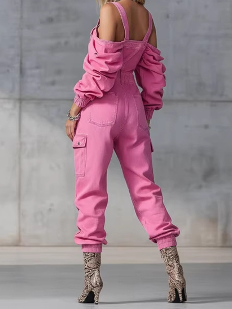 جمبسوت نسائي من الدنيم بتصميم  - مراجعة Women'S Fashion Vintage Off Shoulder Long Sleeve Jumpsuit وسعره