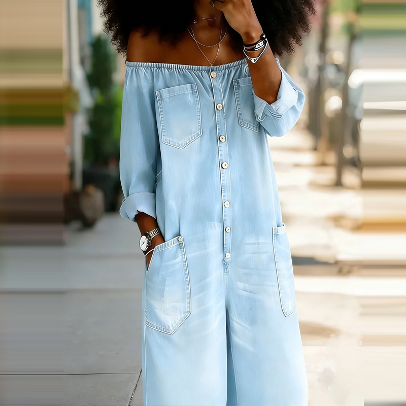 جمبسوت نسائي أنيق من الدنيم بل - مراجعة Women'S Fashion Vintage Off Shoulder Long Sleeve Jumpsuit وسعره